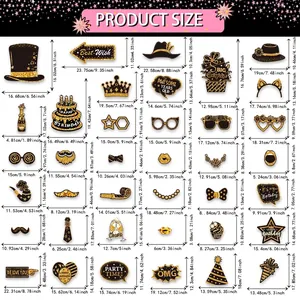Detailed dimensions of 38pcs black and gold birthday party photo booth props set.