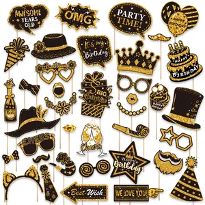 Set of 38 black and gold glitter birthday photo booth props for festive party fun