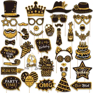 Collection of 38 black and gold glitter birthday photo booth props set for parties