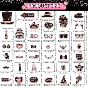 Detailed size chart for 38pcs rose gold and black glittery birthday photo booth props.