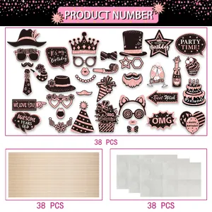 38-piece set of rose gold and black glitter birthday photo booth props for party