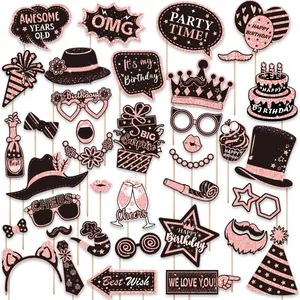 38Pcs rose gold black glitter birthday photo booth props set for funny party pictures