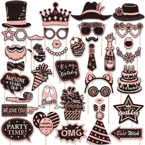 38-piece set of rose gold and black glitter birthday party photo booth props kit