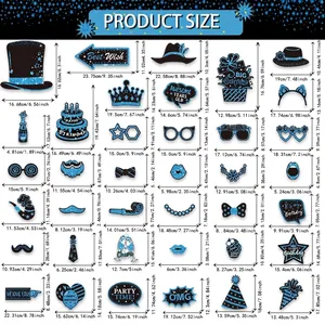 Comprehensive size chart showing dimensions of 38 blue glitter birthday photo booth props.