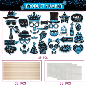 Complete 38-piece blue and black glitter birthday photo booth props set with sticks and glue dots