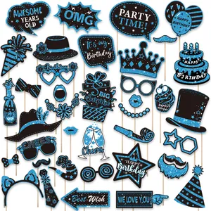 Comprehensive set of 38 blue glitter birthday photo booth props for party decorations.