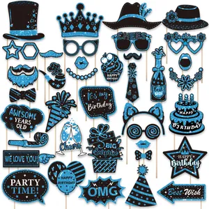 Comprehensive 38-piece blue and black glitter birthday photo booth props set on sticks