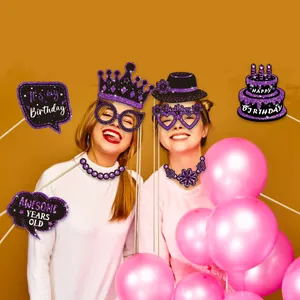 Purple glitter birthday photo booth props set for fun party photography and celebrations