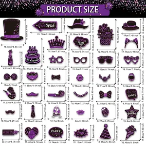 Detailed dimensions of 38-piece purple glitter birthday party photo booth props set