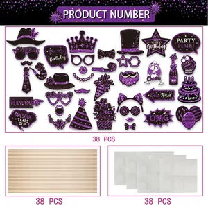 38-piece purple and black glitter birthday party photo booth props with wooden sticks