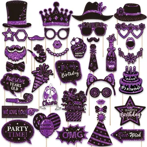 Comprehensive 38-piece purple glitter birthday photo booth props set for festive party fun