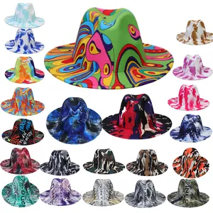 Women Men Cotton Polyester Tie Dye Fedora Hat Wide Brim Digital Print Vintage Jazz Cap Street Style Graffiti Headwear