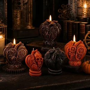Vintage steampunk mechanical heart scented candles with skull design for Halloween decor