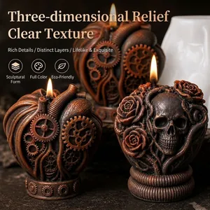 Mechanical heart and skull scented candles with steampunk gear and rose details