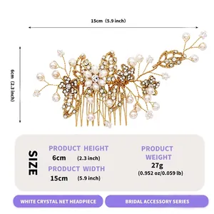 Specifiche di dimensioni e peso per pettine per capelli da sposa con perle e cristalli