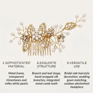 Vista dettagliata di un pettine per capelli da sposa fatto a mano con perle, cristalli e oro