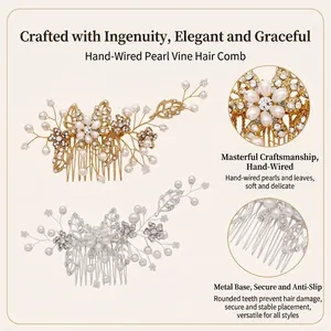 Pettine per capelli da sposa fatto a mano con perle eleganti e strass brillanti