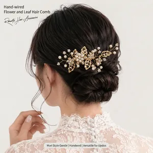 Elegante Pettine per Capelli da Sposa in Lega Strass Perla Artificial d'Imitazione Fiore Foglia Oro Argento Gioielli per Matrimonio Festa Donna