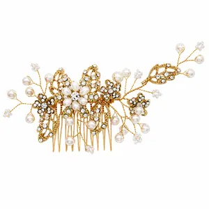 Elegante pettine per capelli da sposa dorato con perle e strass per acconciature nuziali