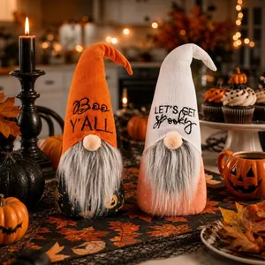 Detail of decorative Halloween gnomes with Boo Y'ALL and spooky embroidered hats