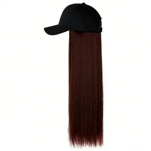 Detailed view of black baseball cap with attached long straight reddish-brown hair wig