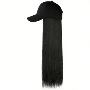 Close-up of black baseball cap with long straight black hair extension wig