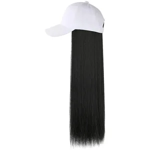 Detailed view of white baseball cap with long straight black hair wig extension