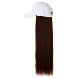 White baseball cap combined with long straight reddish-brown synthetic hair for daily wear