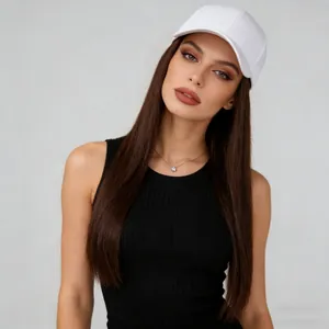 Premium long straight brown hair wig attached to a stylish white baseball cap for women