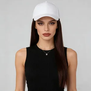 Woman wearing a white baseball cap with integrated long straight brown hair wig extensions