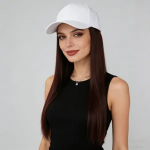 Professional detail of a white baseball cap with integrated long straight brown hair