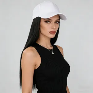 Professional shot of a woman wearing a white baseball cap with long black straight hair wig