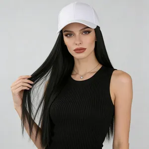 Close-up shot of a white baseball cap featuring integrated long straight black hair extensions.