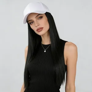 Detailed view of long straight black hair wig attached to white baseball cap