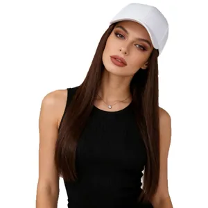 Long straight dark brown wig attached to a white baseball cap on a professional model
