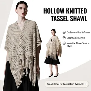 Poncho Scialle a Maglia Traforato con Nappine da Donna in Acrilico con Motivo Geometrico Boemo Scollo a V Mantella Larga