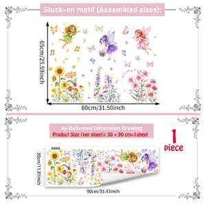 Overzicht van afmetingen voor statische raamstickers met bloemen en feeën motief