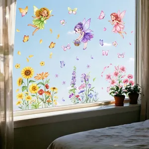 Statische Venstersticker Dubbelzijdig PVC Bloem Fee Paddenstoel Tuin Decal Waterdicht Glas Decoratie Thuis Decor