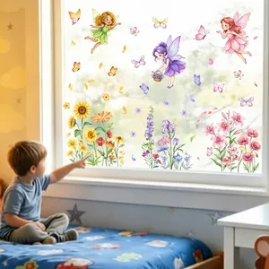 Statische vensterstickers in pastorale stijl met feeën en bloemen voor de kinderkamer