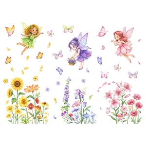Prachtige aquarel tuinfee en bloemen raamstickers voor de decoratie van huisglas