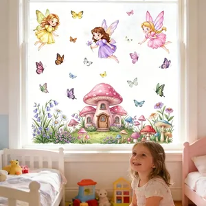 Gedetailleerd overzicht van raamstickers met feeën en paddenstoelen in een kinderkamer.