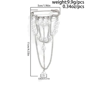 Detail view of stylish faux pearl tassel chain brooch with accurate size and weight measurements