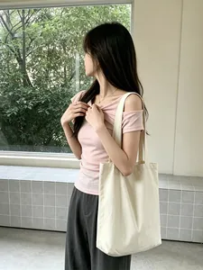 Women Large Capacity Canvas Tote Bag Minimalist Solid White Shoulder Bag Zipper Tie Closure Casual Daily Handbag Shopping Bag