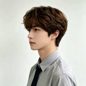 Zijaanzicht van een knappe man met een Koreaanse stijl korte golvende bruine pruik