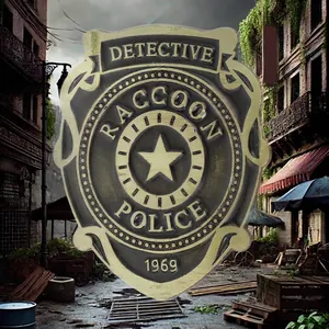 Detailed close-up of Raccoon City detective police badge in post-apocalyptic city ruins