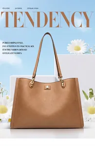Gedetailleerde weergave van een bruine leren shopper met elegante gouden metalen accenten.