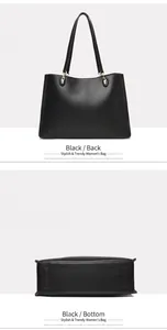 Achter- en onderaanzicht van een zwarte minimalistische leren tote handtas