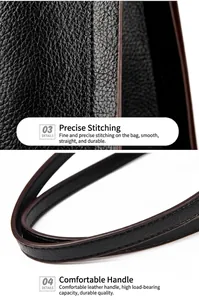 Macro-weergave van zwarte lederen tote bag met nauwkeurige stiksels en bruin afgewerkte riemen