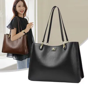 Dames Grote Capaciteit PU Lederen Tote Bag Mode Litchi Textuur Patchwork Schoudertas Woon-werkverkeer Kantoor Handtas