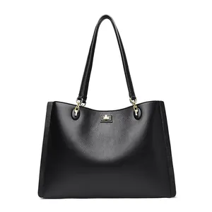 Klassieke zwarte leren draagtas voor dames, professionele zakelijke stijl met gouden hardware
